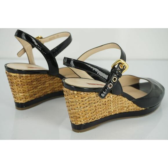 Prada Sport Black Patent Ankle Strap Woven Raffia Wedge Heel Sandals - Picture 3 of 12